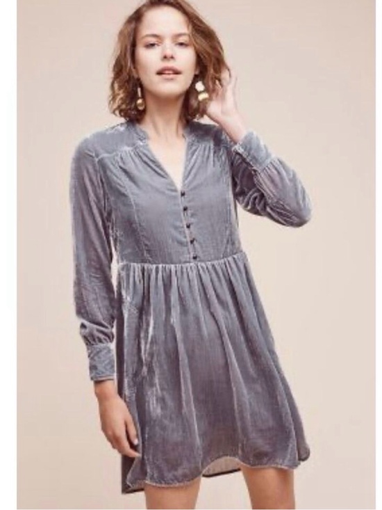 HOLDING HORSES Dresses & Skirts - HOLDING HORSES Anthropologie Silver Blue Burnt Velvet Long-Sleeve Button Dress